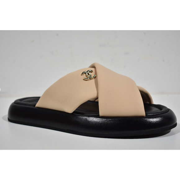 Chanel Beige Black Fabric Criss Cross Puffy CC Logo Slide Mule Sandal Flat 42 - Picture 4 of 12